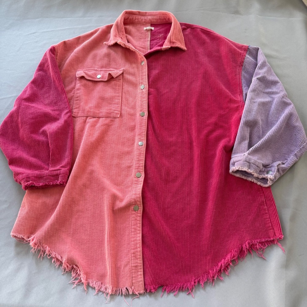 POL Colorblock Corduroy Shacket Women's 3XL Plus Pink Magenta Star Patch Raw Hem